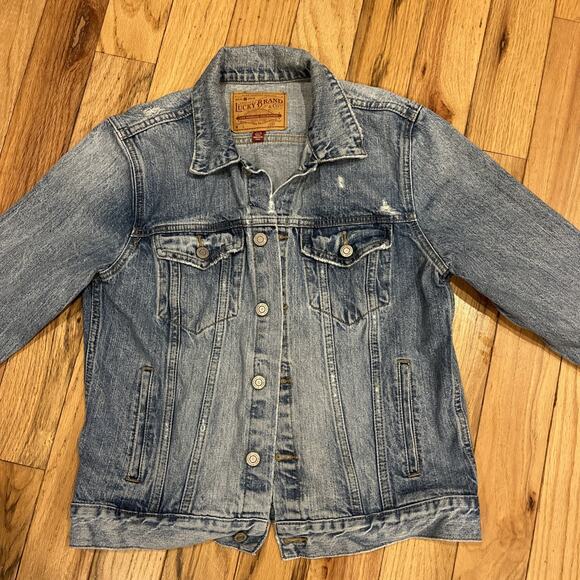 Lucky Brand Jean Jacket Tomboy Trucker Button Front Distressed Women Size Large - Picture 1 of 13